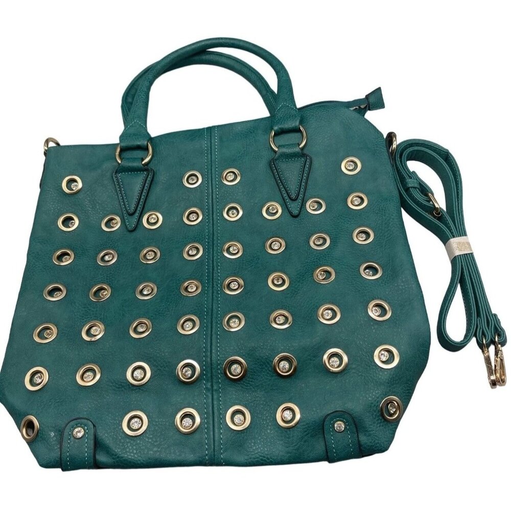 Green leather Miss Unique handbag gold hardware short carry straps READ